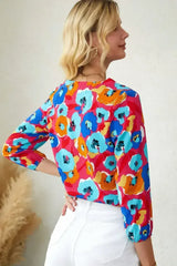 Floral Print V Neck Blouse - 3/4 Sleeve & Non-Stretch | Femstylo - Femstylo