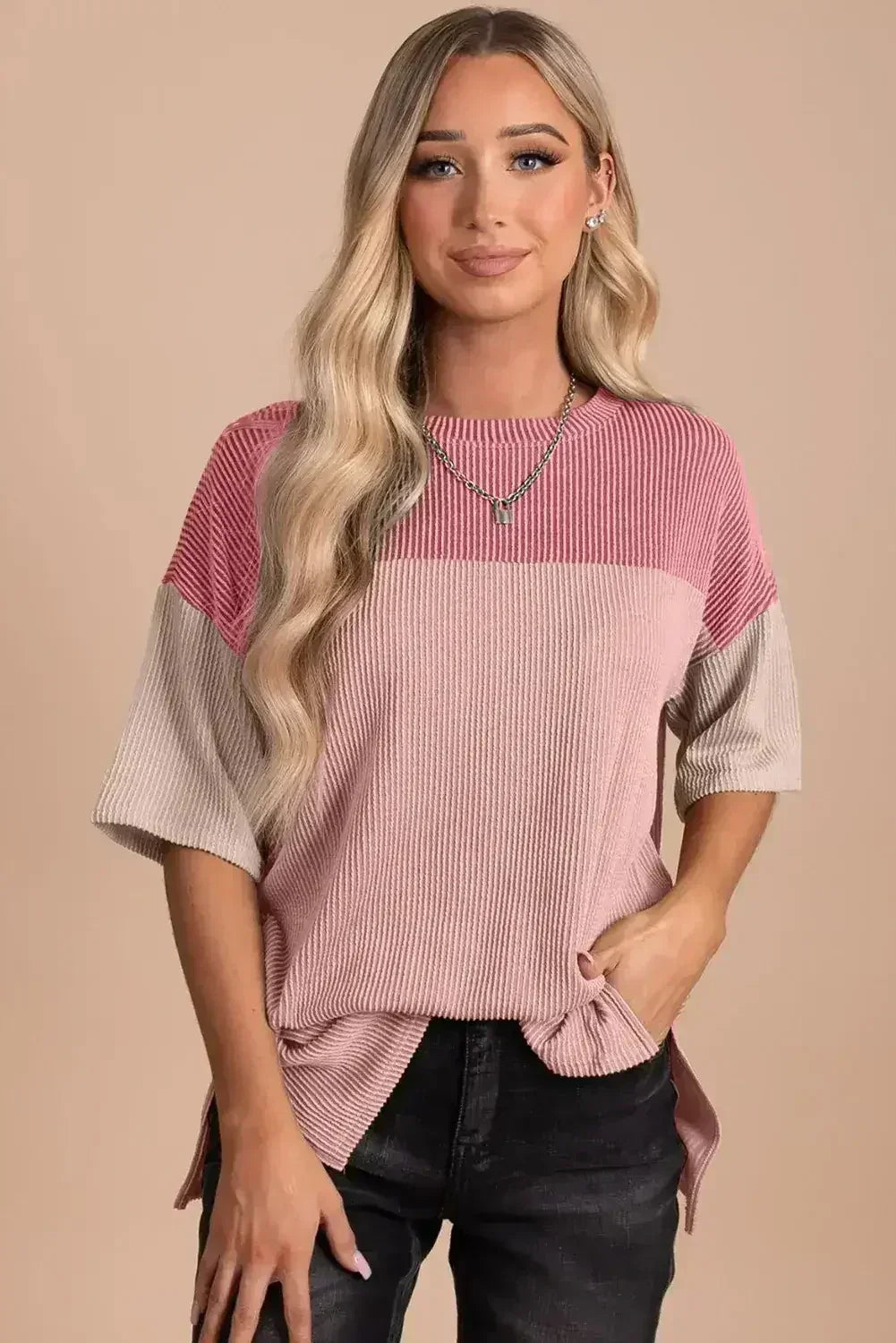 Black Color Block Ribbed Side Slits Half Sleeve Top - Femstylo