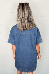 Beau Blue Short Sleeve Collared Chest Pocket Denim Mini Dress - Femstylo