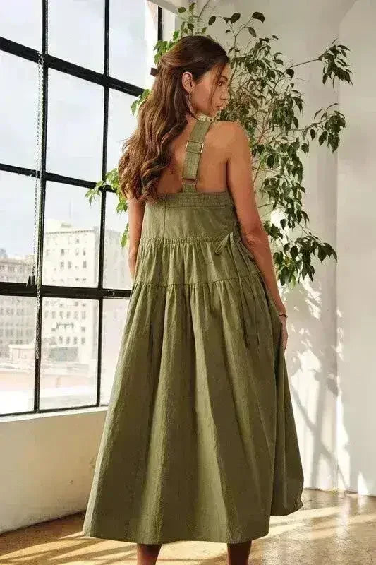 ADORA Crisscross Wide Strap Drawstring Detail Midi Dress - Femstylo