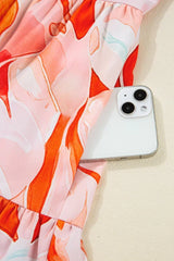 Orange Abstract Print Split Neck Long Sleeve Dress