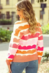 Yellow Wave Striped Balloon Sleeve Drop Shoulder Sweater - Femstylo
