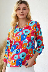 Floral Print V Neck Blouse - 3/4 Sleeve & Non-Stretch | Femstylo - Femstylo