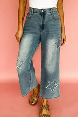 Stone Blue Star Patchwork Light Wash Wide Leg High Waist Jeans - Femstylo