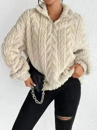 Fuzzy Quarter Zip Long Sleeve Sweatshirt - Femstylo