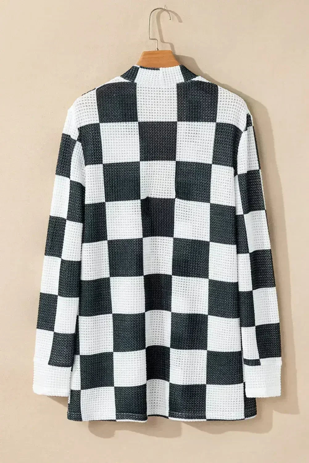 Black Checkered Waffle Knit Thumbhole Open Front Cardigan - Femstylo