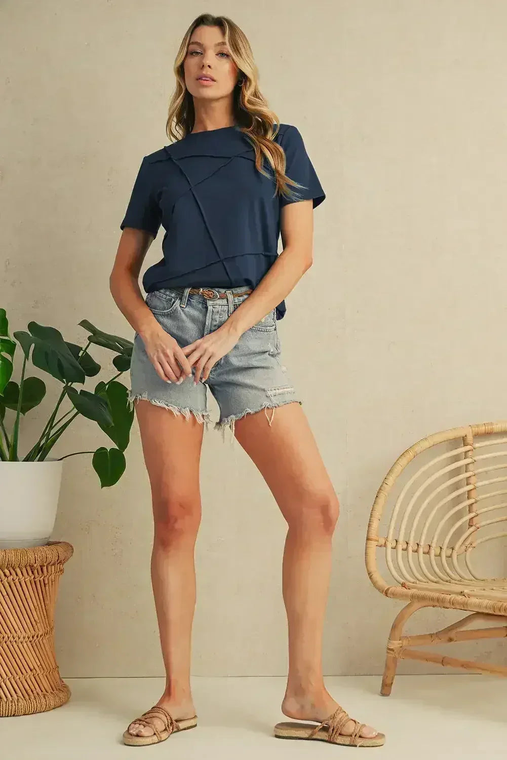 Dirty Blue Solid Color Round Neck T Shirt - Femstylo