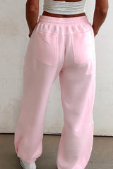 Lilac Tie Elastic Waist Solid Color Patchwork Jogger Pants