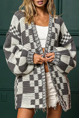 Taupe Colorblock Checked Open Front Knitted Cardigan