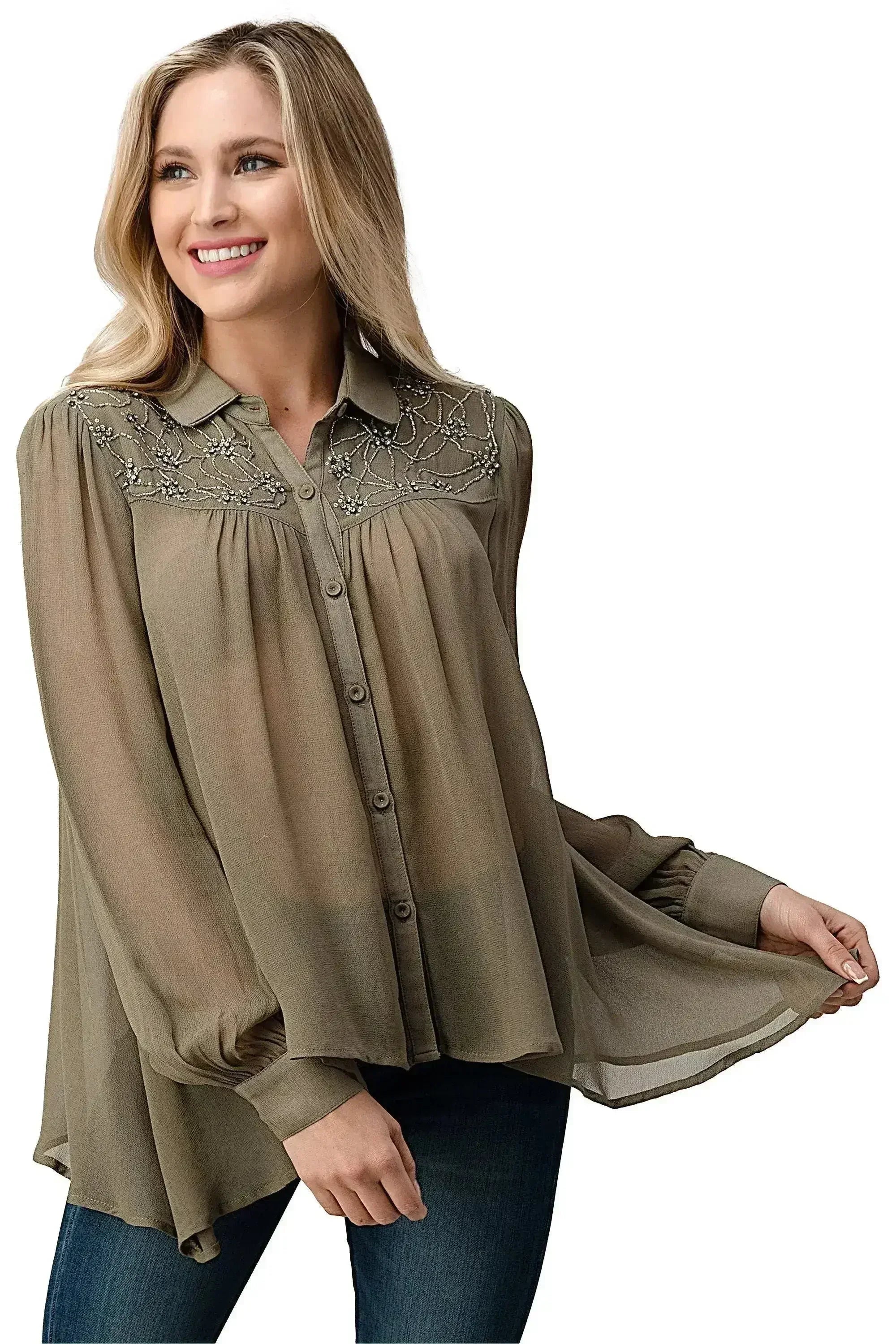 Embroidered Sheer Button-Up Blouse – Casual Elegance - Femstylo