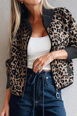 Khaki Leopard Print Zip Up Stand Neck Side Pocket Jacket