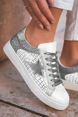 Gold Glitter Star Patchwork PU Leather Lace-up Sneakers - Femstylo