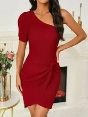 Twisted Single Shoulder Short Sleeve Dress - Femstylo
