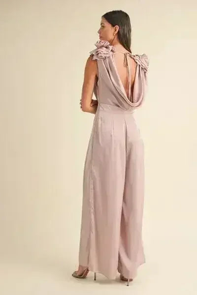 MABLE 3D Floral Applique Deep Cowl Neck Jumpsuit - Femstylo