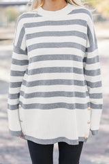 Gray Stripe Ribbed Buttoned Detail Drop Shoulder Tunic Sweater