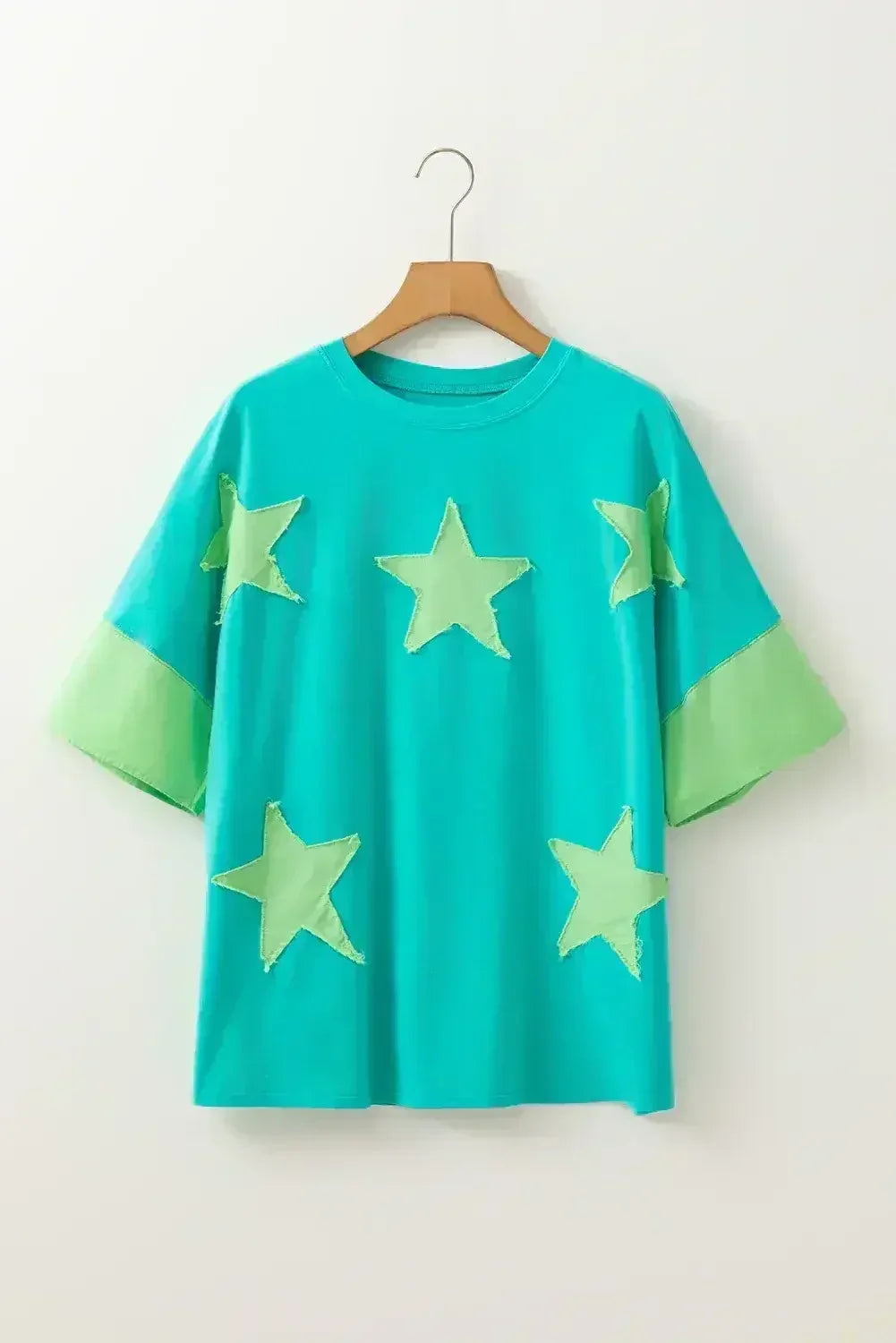 Aruba Blue Frayed Star Patched 4th of July Oversize T Shirt - Femstylo