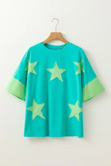 Aruba Blue Frayed Star Patched 4th of July Oversize T Shirt - Femstylo