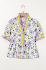 Purple Floral Print Ruffle Pop of Color Neckline Blouse