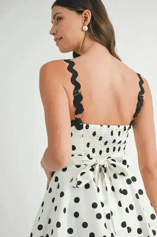 Polka Dot Mini Dress – Ricrac Trim Strap & Smocked Back - Femstylo
