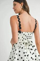 Polka Dot Mini Dress – Ricrac Trim Strap & Smocked Back - Femstylo