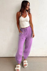 Lilac Tie Elastic Waist Solid Color Patchwork Jogger Pants