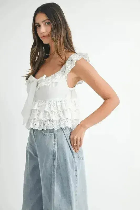 MABLE Eyelet Embroidered Front Tie Ruffle Top - Femstylo
