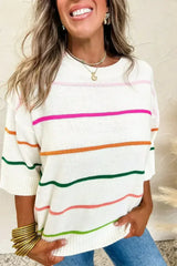 White Striped Half Sleeve Drop Shoulder Sweater - Femstylo