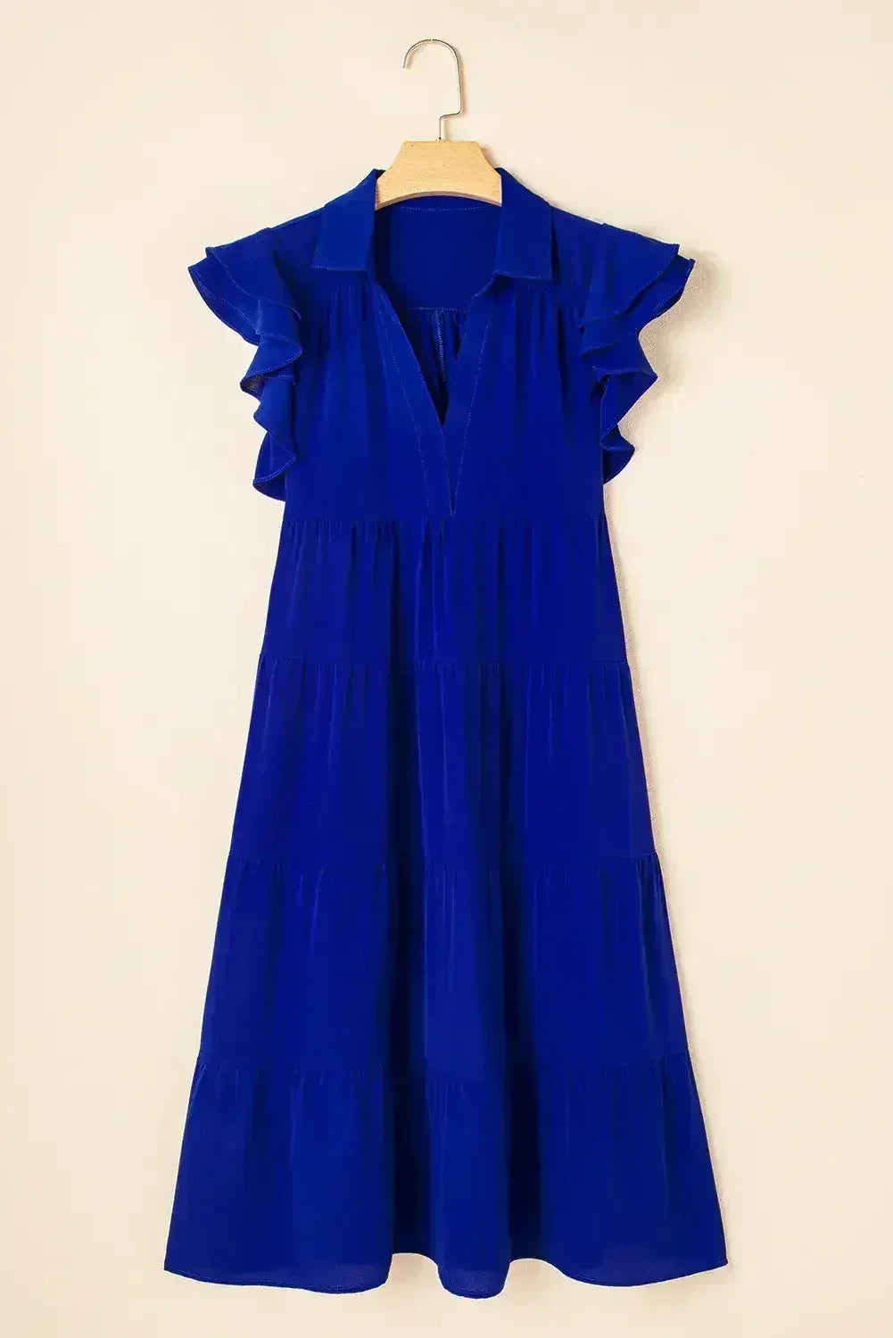 Bluing Ruffled Short Sleeve Collared V Neck Tiered Midi Dress - Femstylo