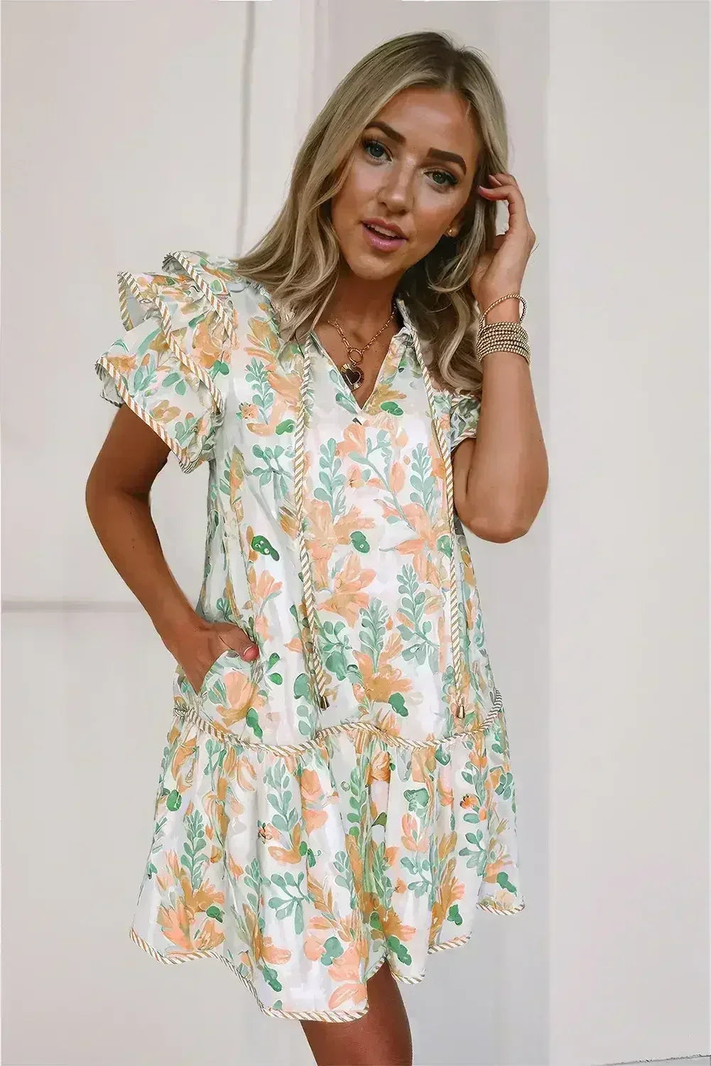 Sky Blue Floral Contrast Edge Ruffle Sleeve Tie Neck Mini Dress - Femstylo