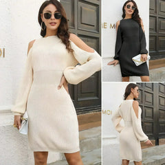 Lantern Sleeve Woolen Skirt Female Waist Trimming Loose Knitted Dress - Femstylo