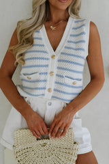 Sky Blue Striped V Neck Button Knit Vest