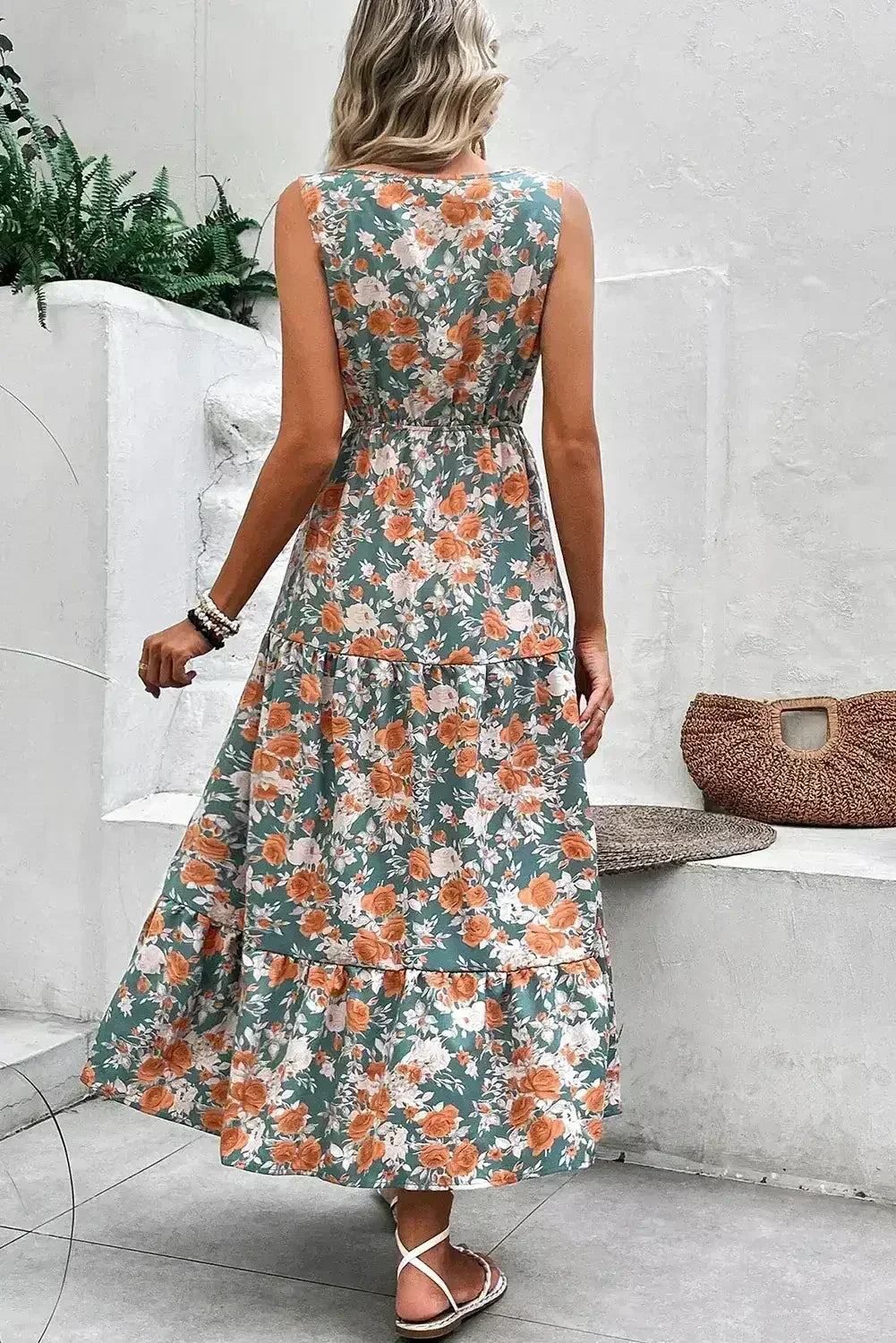 Green Floral Print Trimmed V Neck Sleeveless Vacation Dress - Femstylo