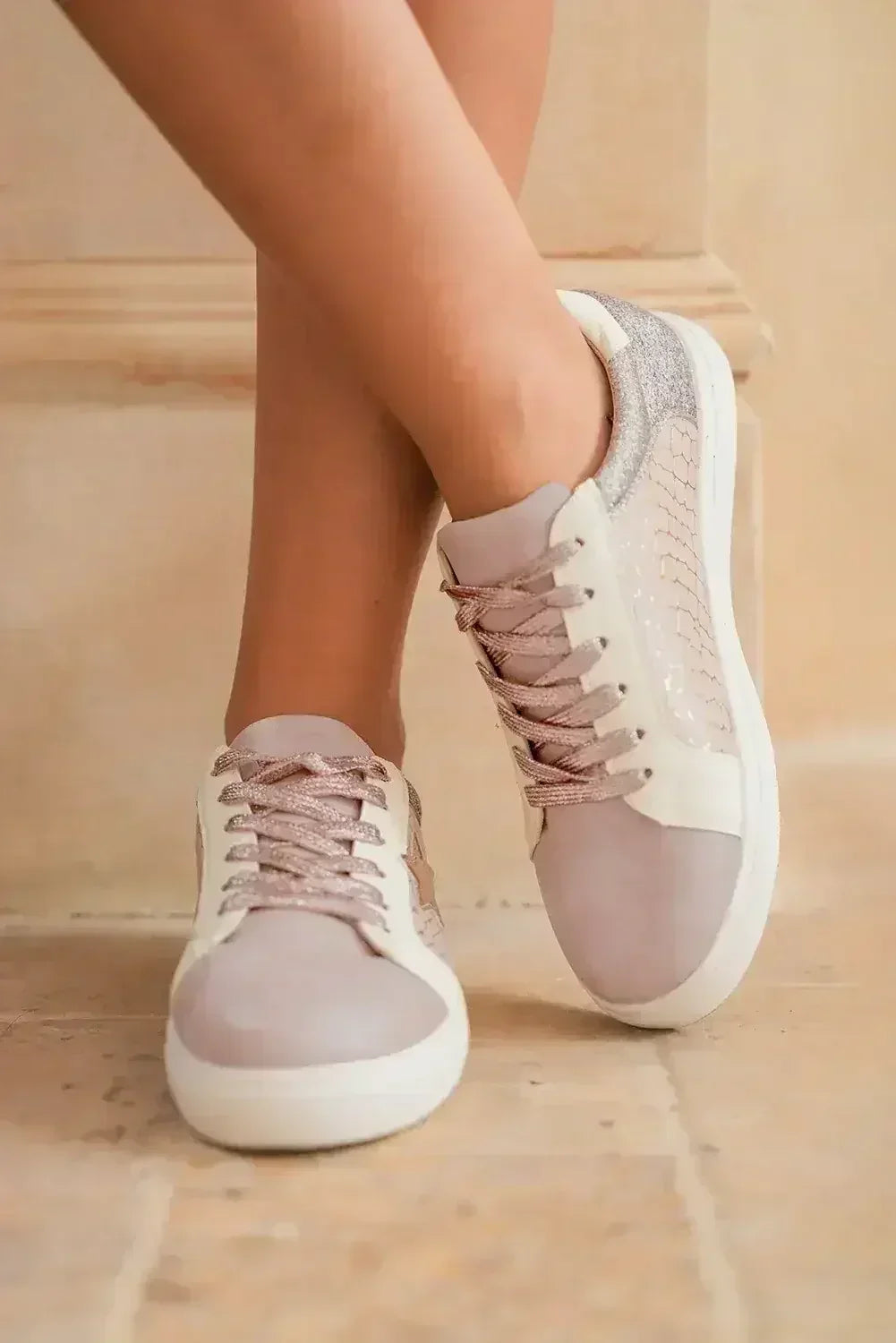 Gold Glitter Star Patchwork PU Leather Lace-up Sneakers - Femstylo