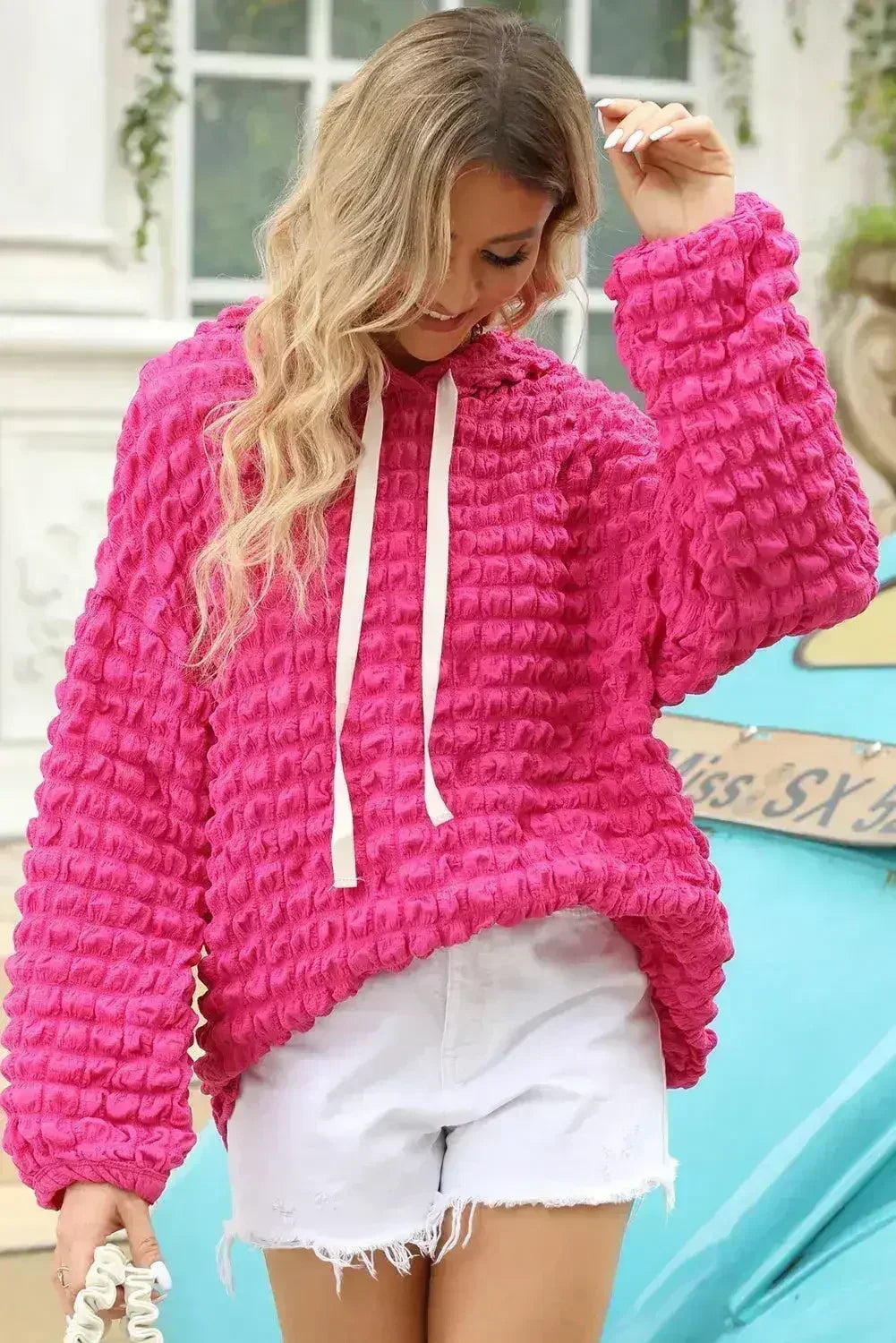 Rose Bubble Textured Waffle Hoodie - Femstylo