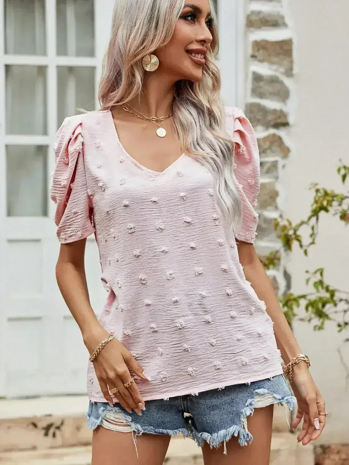 Blush Pink Swiss Dot Short Puff Sleeve Top | Femstylo - Femstylo