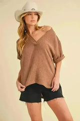 Aemi + Co Side Slit V-Neck Short Sleeve Blouse | Femstylo - Femstylo