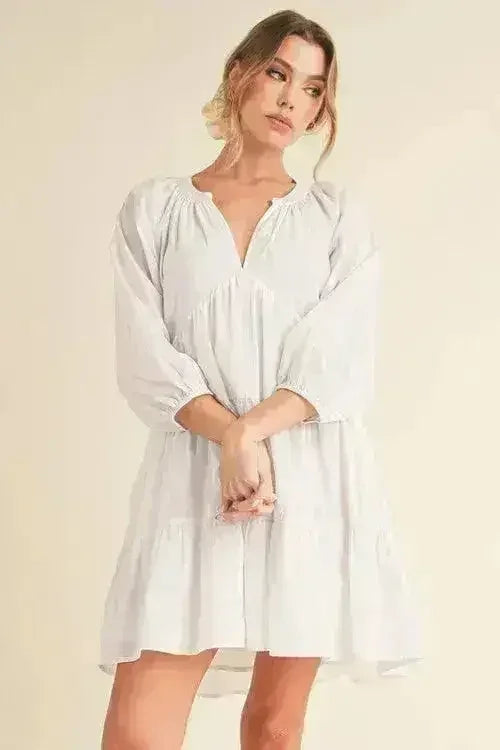 Aemi + Co Notched Balloon Sleeve Tiered Mini Dress - Femstylo