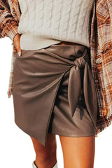 Coffee Bowknot Faux Leather Plain Mini Skirt - Femstylo