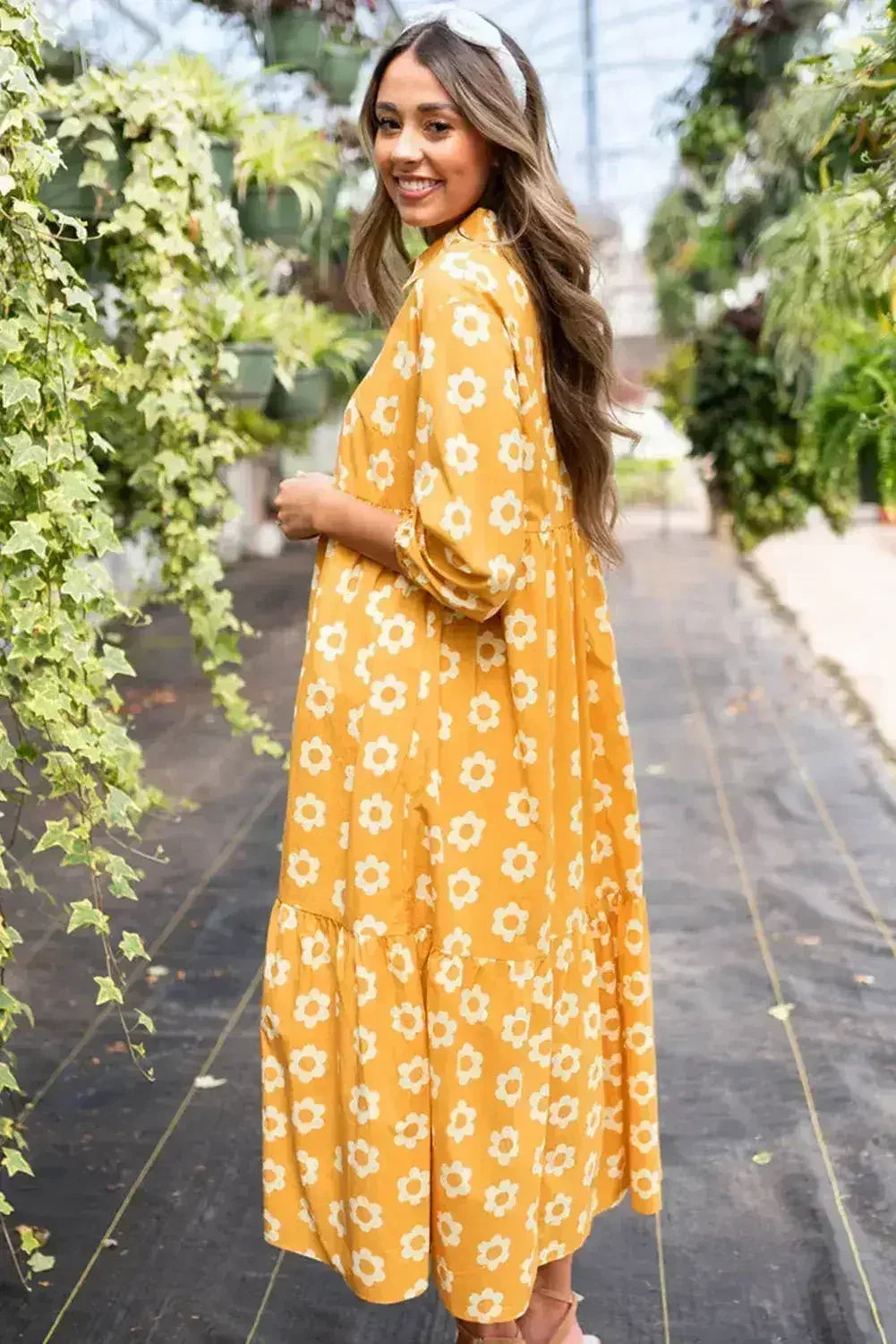 Yellow Flower Print Bracelet Sleeve Buttons Collared Maxi Dress - Femstylo