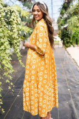 Yellow Flower Print Bracelet Sleeve Buttons Collared Maxi Dress - Femstylo