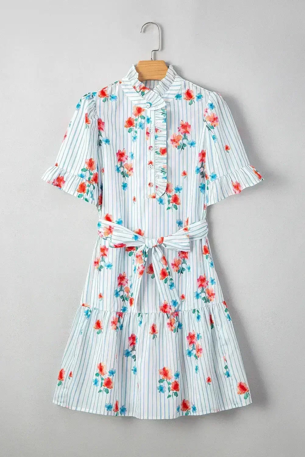 Sky Blue Striped Floral Print Ruffle Belted Mini Dress - Femstylo