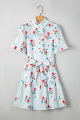 Sky Blue Striped Floral Print Ruffle Belted Mini Dress - Femstylo