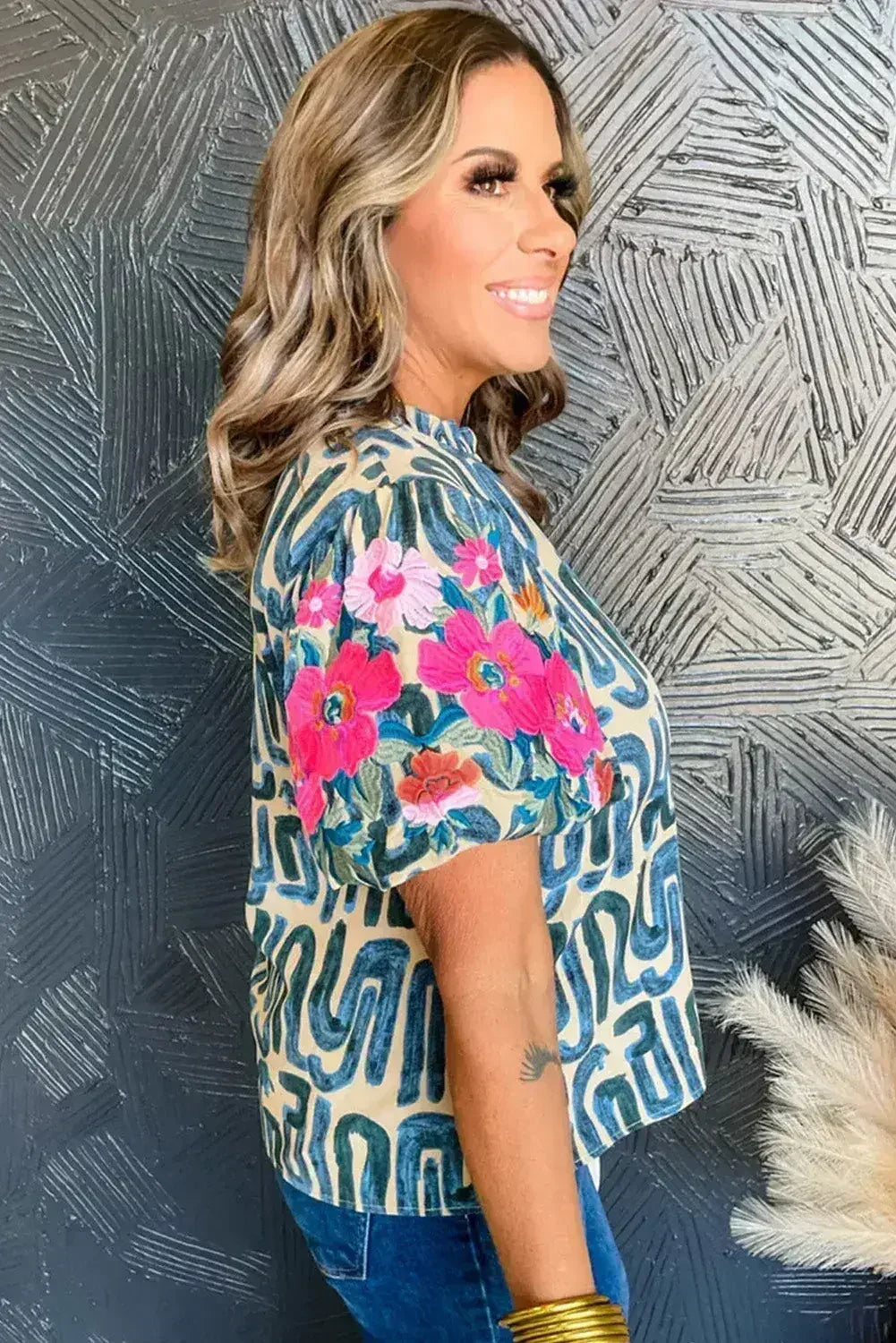 Beige Embroidered Puff Sleeve Frilled Neck Printed Top | Femstylo - Femstylo