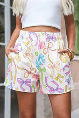White Colorful Bow Print Pocket Shorts - Femstylo