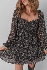 Black Floral Long Sleeve Frilly Shirred Square Neck Mini Dress