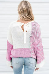 Pink Colorblock Tie Back Drop Shoulder Knit Sweater - Femstylo
