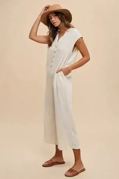 Annie Wear Wide Leg Jumpsuit with Button Detail and Pockets - Femstylo