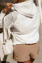 White Lace Patchwork Sleeve Drawstring Hoodie - Femstylo