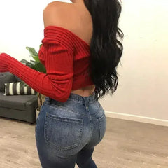 Cotton black short crop top Women autumn v neck off shoulder - Femstylo