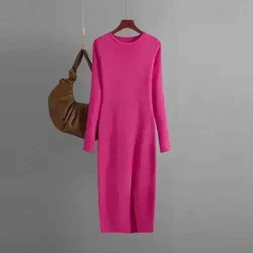 Autumn And Winter Long Sleeve Knitted Backless Round Neck Dress - Femstylo
